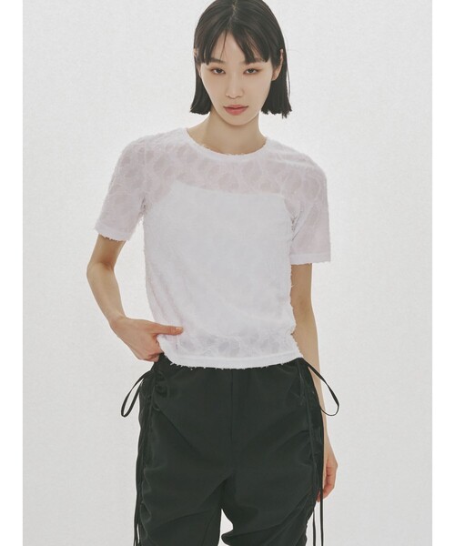 MIDIUMISOLID(ミディウミソリッド)の「MIDIUMISOLID for Ladies ジャカードクルーネックシアーインナー(Tシャツ/カットソー・レディース・オフホワイト/アイボリー/ブラック・FREE)」の1枚目の写真
