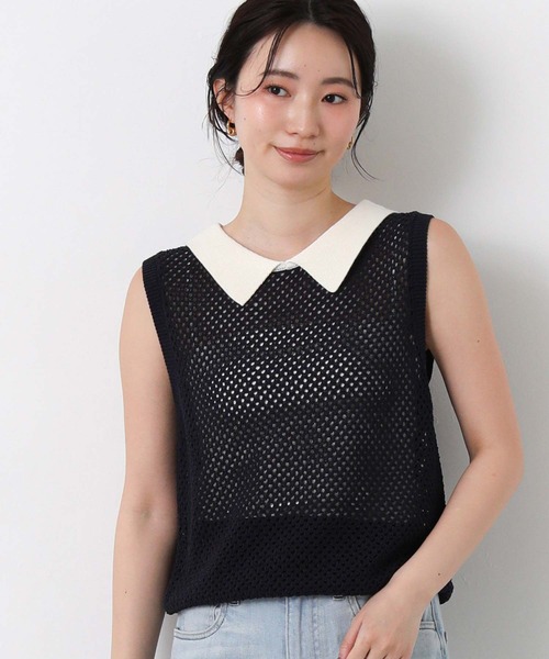 Torrazzo Donna(トラッゾドンナ)の「メッシュポロカラーノースリーブニット(ニット/セーター・レディース・ネイビー/ベージュ・FREE)」の16枚目の写真