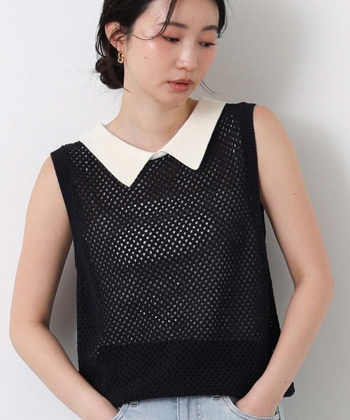 Torrazzo Donna(トラッゾドンナ)の「メッシュポロカラーノースリーブニット(ニット/セーター・レディース・ネイビー/ベージュ・FREE)」の19枚目の写真