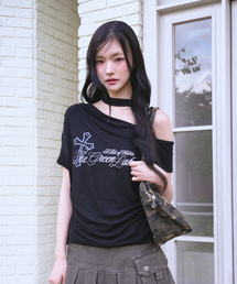 アンバランスシャーリングタイ半袖Tシャツ[ブラック]