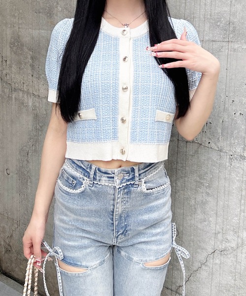 INGNI(イング)の「【WEB限定】ツイードバイカラー半袖ニットカーディガン(カーディガン/ボレロ・レディース・ピンク系2/ホワイト×ブラック/ブルー系2・M)」の12枚目の写真