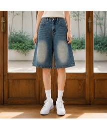 バックバンディングヴィンテージ立体ウォッシングストレートバミューダデニムパンツ4COLOR