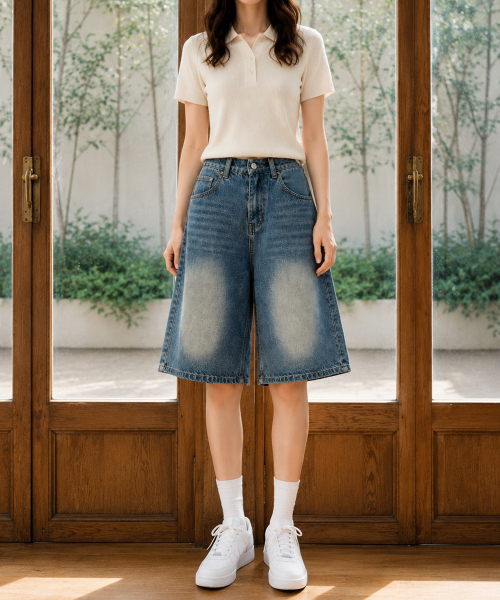 BBAEBBAE(ペッペ)の「バックバンディングヴィンテージ立体ウォッシングストレートバミューダデニムパンツ4COLOR(その他パンツ・レディース・ブラック/スカイブルー/アッシュグレー/ダークブルー・SMALL/MEDIUM/LARGE/X-LARGE)」の10枚目の写真