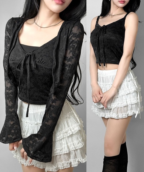 FOLLOWIN(フォロウィン)の「【セットアップ】フラワーレースリボンキャミ&ボレロ(セットアップ・レディース・ホワイト/ブラック・FREE)」の1枚目の写真