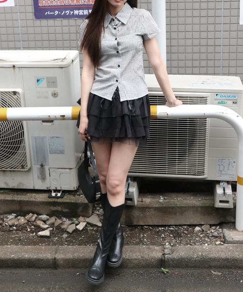 tinkerend(ティンカーエンド)の「Lace-up Tiered Flared Mini Skirt / レースアップティアードフレアミニスカート(スカート・レディース・ブラック・FREE)」の5枚目の写真