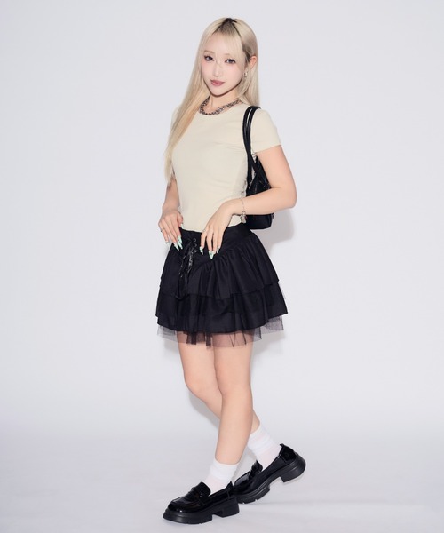 tinkerend(ティンカーエンド)の「Lace-up Tiered Flared Mini Skirt / レースアップティアードフレアミニスカート(スカート・レディース・ブラック・FREE)」の18枚目の写真