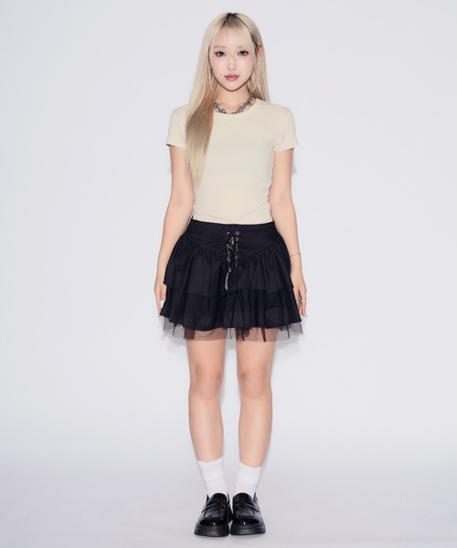 tinkerend(ティンカーエンド)の「Lace-up Tiered Flared Mini Skirt / レースアップティアードフレアミニスカート(スカート・レディース・ブラック・FREE)」の16枚目の写真