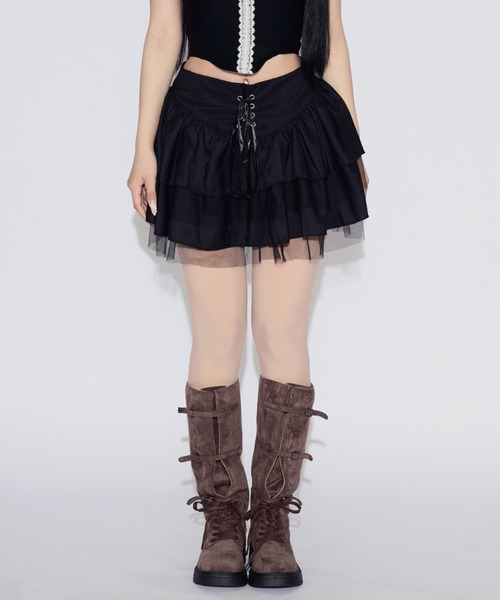 tinkerend(ティンカーエンド)の「Lace-up Tiered Flared Mini Skirt / レースアップティアードフレアミニスカート(スカート・レディース・ブラック・FREE)」の21枚目の写真