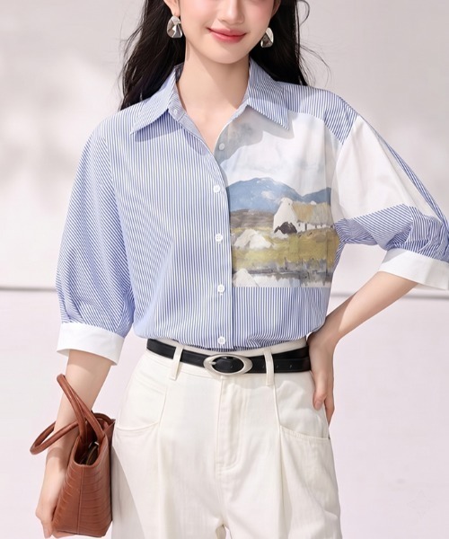 LUCPY(ラクピー)の「アートプリントストライプシャツ(シャツ/ブラウス・レディース・ブルー・SMALL/MEDIUM/LARGE/X-LARGE)」の4枚目の写真