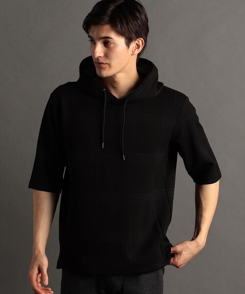 MONSIEUR NICOLE(ムッシュニコル)の「【canal deux Luxe】チェック柄 ダンボールニット半袖パーカ(パーカー・メンズ・ブラック/ホワイト・MEDIUM/LARGE/X-LARGE)」の1枚目の写真