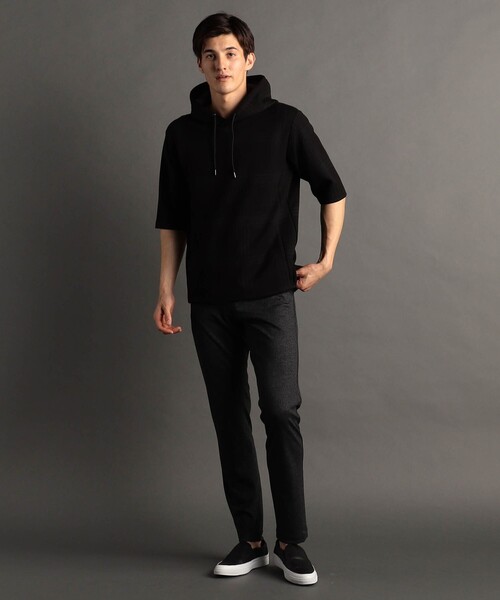 MONSIEUR NICOLE(ムッシュニコル)の「【canal deux Luxe】チェック柄 ダンボールニット半袖パーカ(パーカー・メンズ・ブラック/ホワイト・MEDIUM/LARGE/X-LARGE)」の4枚目の写真