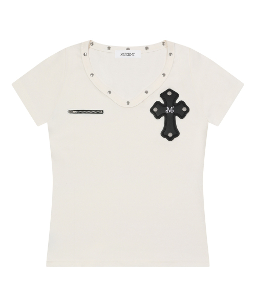 MUCENT(ムセント)の「デボンVネック半袖Tシャツ(2カラー)(Tシャツ/カットソー・レディース・ブラック/アイボリー・FREE)」の3枚目の写真
