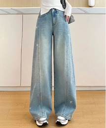 サイドグリッター切り替えカーブデニムパンツ