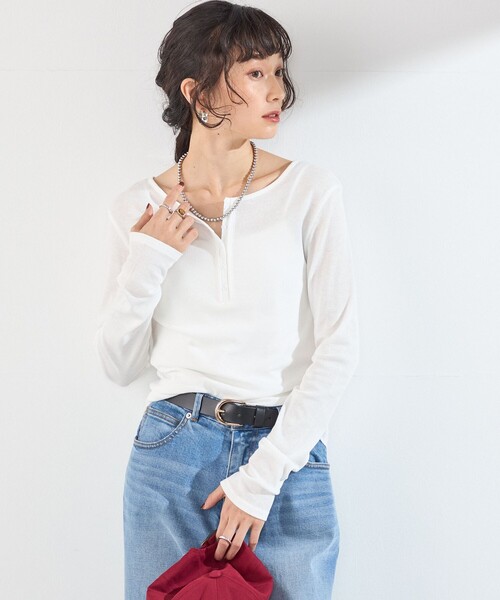 SHIPS Colors(シップス カラーズ)の「SHIPS Colors:〈手洗い可能〉シアー ドライタッチ コンビ ヘンリーネック トップス(Tシャツ/カットソー・レディース・ブラウン/ブラック/オフホワイト・ONE SIZE)」の1枚目の写真