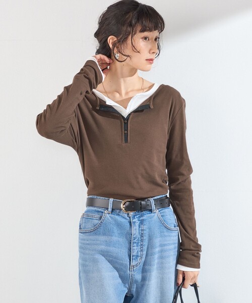 SHIPS Colors(シップス カラーズ)の「SHIPS Colors:〈手洗い可能〉シアー ドライタッチ コンビ ヘンリーネック トップス(Tシャツ/カットソー・レディース・ブラウン/ブラック/オフホワイト・ONE SIZE)」の4枚目の写真