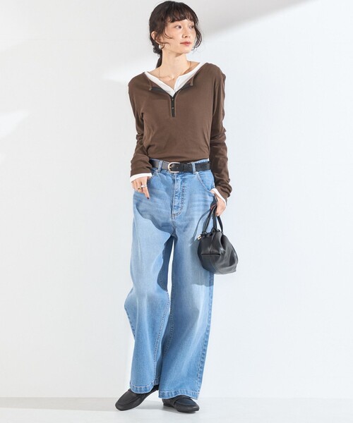 SHIPS Colors(シップス カラーズ)の「SHIPS Colors:〈手洗い可能〉シアー ドライタッチ コンビ ヘンリーネック トップス(Tシャツ/カットソー・レディース・ブラウン/ブラック/オフホワイト・ONE SIZE)」の5枚目の写真