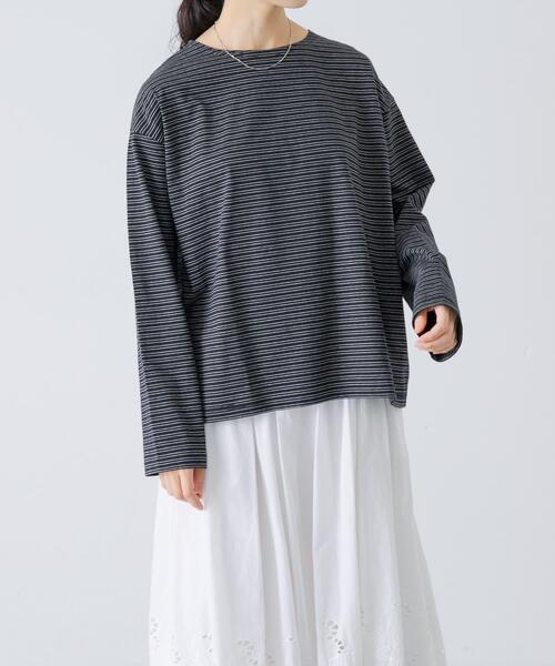 かぐれ（カグレ）の「ナローボーダーロングカットソー（Tシャツ/カットソー・レディース・ブラック/オフホワイト・FREE）」の2枚目の写真