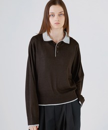 ルーズシルエットフェイクレイヤード長袖ニットポロシャツ