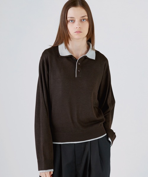SOCCE(ソーシー)の「ルーズシルエットフェイクレイヤード長袖ニットポロシャツ(ポロシャツ・メンズ・ブラック/ダークブラウン/チャコール・XL/L/M/S)」の3枚目の写真