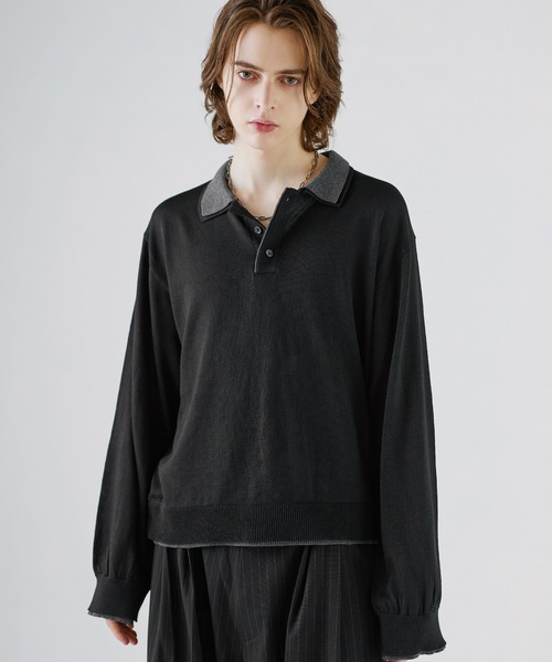 SOCCE(ソーシー)の「ルーズシルエットフェイクレイヤード長袖ニットポロシャツ(ポロシャツ・メンズ・ブラック/ダークブラウン/チャコール・XL/L/M/S)」の2枚目の写真