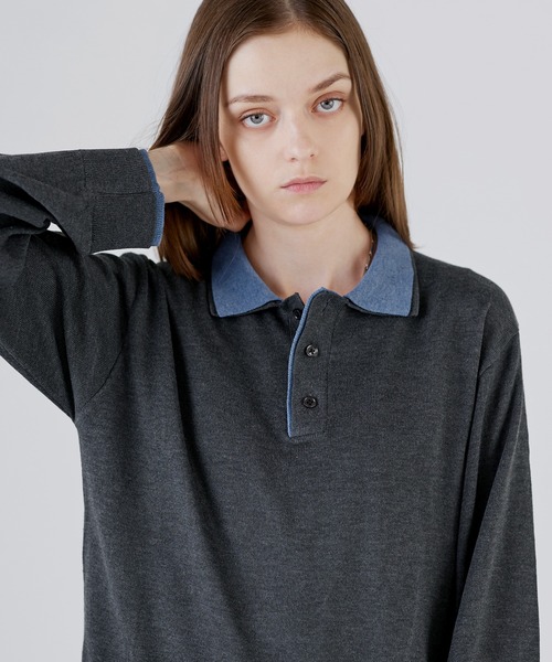 SOCCE(ソーシー)の「ルーズシルエットフェイクレイヤード長袖ニットポロシャツ(ポロシャツ・メンズ・ブラック/ダークブラウン/チャコール・XL/L/M/S)」の5枚目の写真