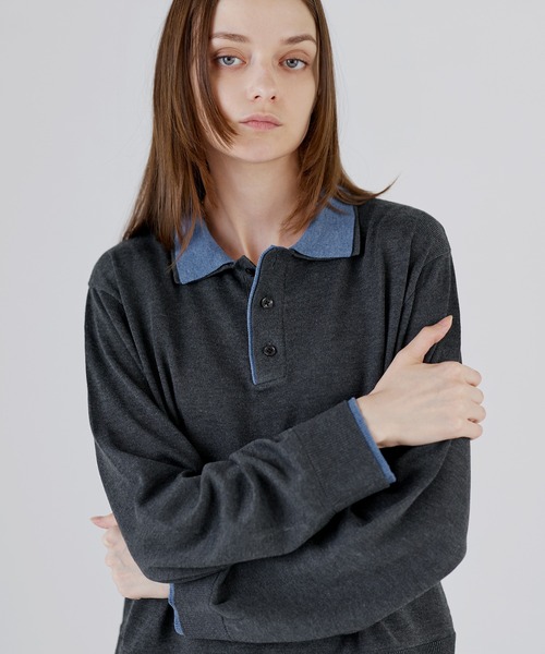 SOCCE(ソーシー)の「ルーズシルエットフェイクレイヤード長袖ニットポロシャツ(ポロシャツ・メンズ・ブラック/ダークブラウン/チャコール・XL/L/M/S)」の6枚目の写真