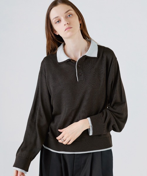 SOCCE(ソーシー)の「ルーズシルエットフェイクレイヤード長袖ニットポロシャツ(ポロシャツ・メンズ・ブラック/ダークブラウン/チャコール・XL/L/M/S)」の13枚目の写真