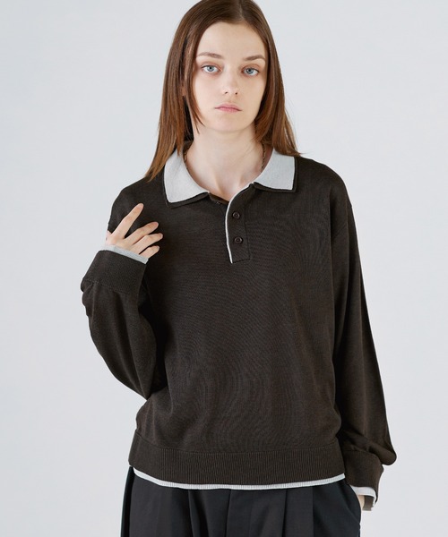 SOCCE(ソーシー)の「ルーズシルエットフェイクレイヤード長袖ニットポロシャツ(ポロシャツ・メンズ・ブラック/ダークブラウン/チャコール・XL/L/M/S)」の12枚目の写真