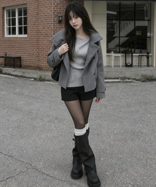 Aelina(エリナ)の「ステンカラーシングルブレストメルトンショートコート(ステンカラーコート・レディース・チャコールグレー/ブラック/ライトベージュ・FREE)」の11枚目の写真