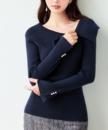 【 2026AW】ニット レディース リブニット 長袖 3way ビッグカラー オフショルダー ワンショルダー 肩見せ フレア袖 袖口スリット パールボタン 縦リブ フィット 細見え 上品 きれいめ フェミニン デート 秋 冬 トップス