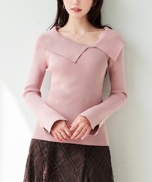 【 2026AW】ニット レディース リブニット 長袖 3way ビッグカラー オフショルダー ワンショルダー 肩見せ フレア袖 袖口スリット パールボタン 縦リブ フィット 細見え 上品 きれいめ フェミニン デート 秋 冬 トップス