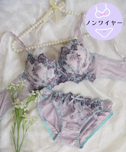 【ノンワイヤー/ラクして整う！ストレスフリーで上品なフィット感♪】上下セット/M-LL/脇高フラワーグレース