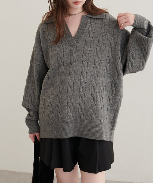natural couture(ナチュラルクチュール)の「ケーブルニットスキッパー(ニット/セーター・レディース・チャコールグレー/ブラウン/アイボリー/モカ・FREE)」の2枚目の写真