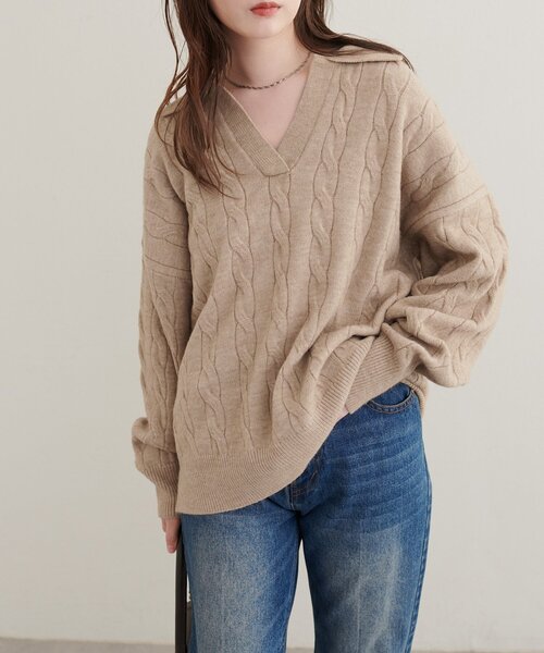 natural couture(ナチュラルクチュール)の「ケーブルニットスキッパー(ニット/セーター・レディース・チャコールグレー/ブラウン/アイボリー/モカ・FREE)」の4枚目の写真