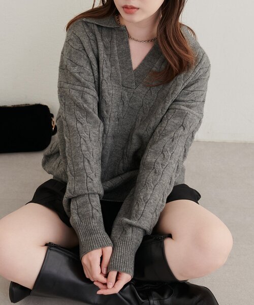 natural couture(ナチュラルクチュール)の「ケーブルニットスキッパー(ニット/セーター・レディース・チャコールグレー/ブラウン/アイボリー/モカ・FREE)」の7枚目の写真