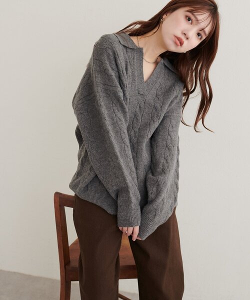 natural couture(ナチュラルクチュール)の「ケーブルニットスキッパー(ニット/セーター・レディース・チャコールグレー/ブラウン/アイボリー/モカ・FREE)」の22枚目の写真