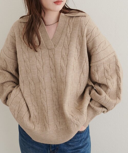 natural couture(ナチュラルクチュール)の「ケーブルニットスキッパー(ニット/セーター・レディース・チャコールグレー/ブラウン/アイボリー/モカ・FREE)」の15枚目の写真