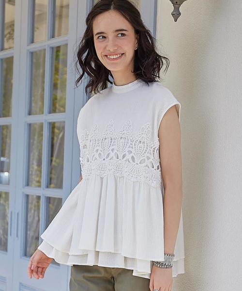 green label relaxing(グリーンレーベルリラクシング)の「CB C ヨウリュウ モチーフレース N/SL ブラウス◆(シャツ/ブラウス・レディース・オフホワイト/ブラウン/ネイビー・FREE)」の1枚目の写真