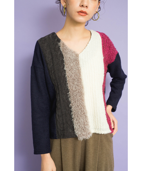 TEVALT(ヴァレット)の「<Titilate valet> カラーポイント Vネック パッチワークトップス(ニット/セーター・レディース・ホワイト/チャコールグレー/ネイビー・38)」の8枚目の写真