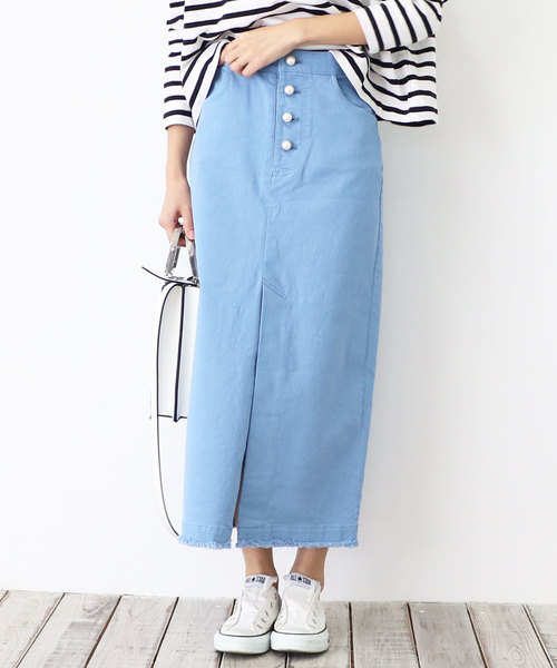 M y u(ミュー)の「フロントスリットパールボタンタイトスカート(スカート・レディース・ブルー/ベージュ/ピンク・ML/SM)」の1枚目の写真