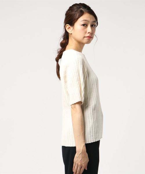 SLOBE IENA（スローブイエナ）の「コットンブークレーワイドリブ5分袖プルオーバー◆（Tシャツ/カットソー・レディース・チャコールグレー/アイボリー・FREE）」の5枚目の写真