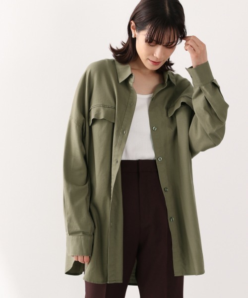 LOWRYS FARM（ローリーズファーム）の「エコレーヨンコットンＢＩＧシャツ　891134（シャツ/ブラウス・レディース・グリーン系その他/エンジ/アイボリー/チャコールグレー・FREE）」の4枚目の写真