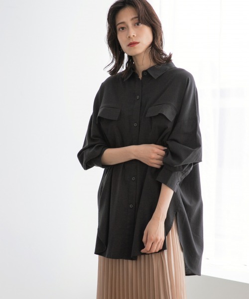 LOWRYS FARM（ローリーズファーム）の「エコレーヨンコットンＢＩＧシャツ　891134（シャツ/ブラウス・レディース・グリーン系その他/エンジ/アイボリー/チャコールグレー・FREE）」の2枚目の写真