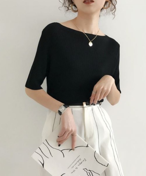 emi+(エミプラス)の「ボートネック 5分袖サマーニットプルオーバー(Tシャツ/カットソー・レディース・ブラック/ホワイト/ライトグリーン/イエロー/ブルー/ライトピンク/グレー・FREE)」の2枚目の写真