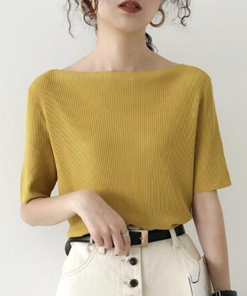 emi+(エミプラス)の「ボートネック 5分袖サマーニットプルオーバー(Tシャツ/カットソー・レディース・ブラック/ホワイト/ライトグリーン/イエロー/ブルー/ライトピンク/グレー・FREE)」の10枚目の写真