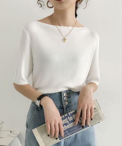 emi+(エミプラス)の「ボートネック 5分袖サマーニットプルオーバー(Tシャツ/カットソー・レディース・ブラック/ホワイト/ライトグリーン/イエロー/ブルー/ライトピンク/グレー・FREE)」の20枚目の写真