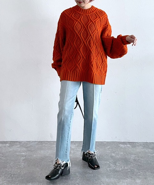 PAGEBOY(ページボーイ)の「リーフケーブルクループルオーバー / ボリューム袖 / オーバーサイズ(ニット/セーター・レディース・ブラック/オフホワイト/グリーン系その他/グレイッシュベージュ/オレンジ・FREE)」の20枚目の写真