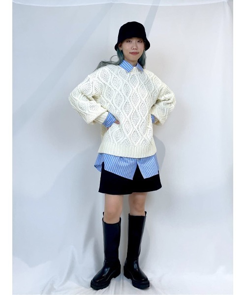 PAGEBOY(ページボーイ)の「リーフケーブルクループルオーバー / ボリューム袖 / オーバーサイズ(ニット/セーター・レディース・ブラック/オフホワイト/グリーン系その他/グレイッシュベージュ/オレンジ・FREE)」の8枚目の写真