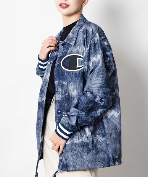 Champion(チャンピオン)の「【T18】【Champion/チャンピオン】 SATIN COACHES JACKET RIBBED CUFF PRINT(ミリタリージャケット・レディース・ブラック/ネイビー・SMALL/LARGE/MEDIUM)」の1枚目の写真