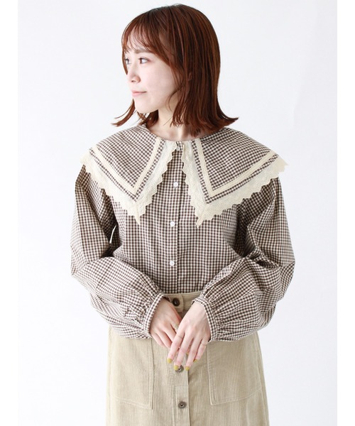 ehka sopo（エヘカソポ）の「【カタログ掲載アイテム】無地/チェックアソートビッグ襟ブラウス（シャツ/ブラウス・レディース・ブラック/ブラウン/オフホワイト/グリーン・ﾌﾘ-）」の4枚目の写真